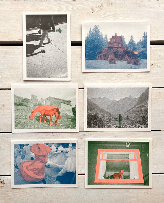 6 Risograph Printed Cards with Photos by Christie MacLean and Niles Armstrong