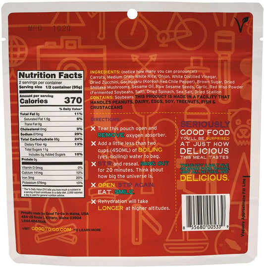 Good To Go Herbed Bibimbap Dehydrated Meal- 1 or 2 Serving Size