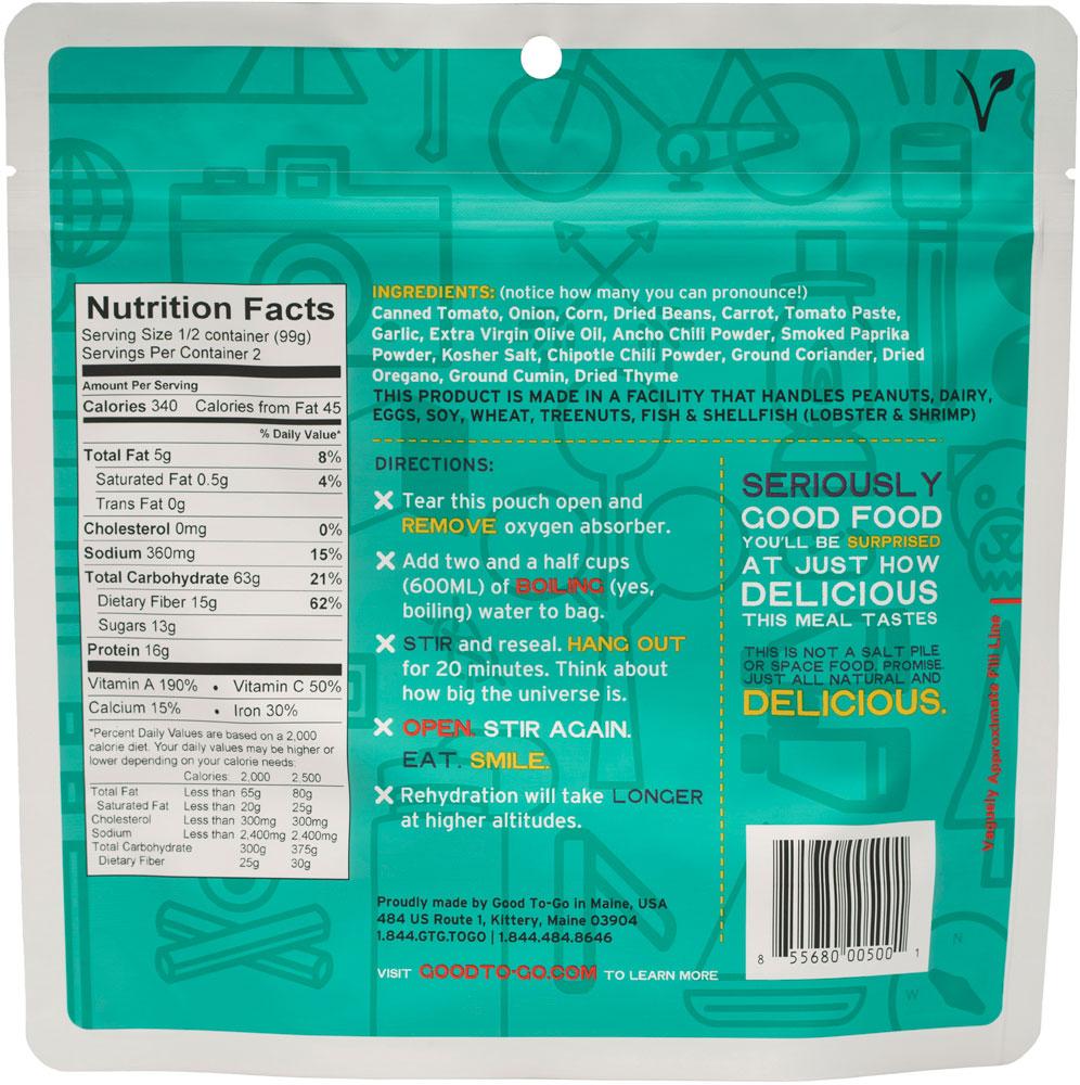 Good To Go Smoked Three Bean Chili Dehydrated Meal- 1 or 2 Serving Size